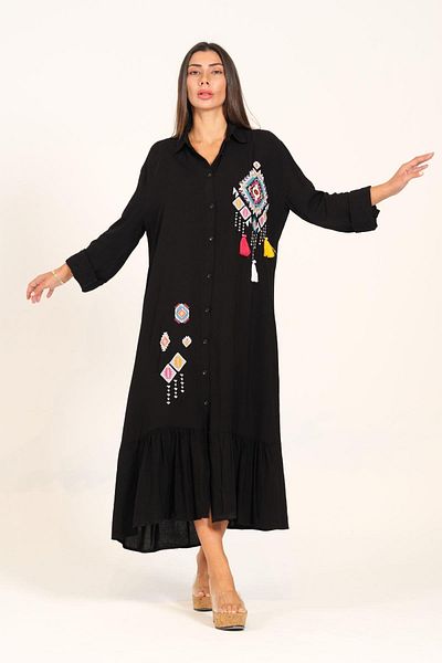 Keyifli Moda Black Long Shirt Dress with Embroidered Tassels - Epaulette and Ruffle Skirt