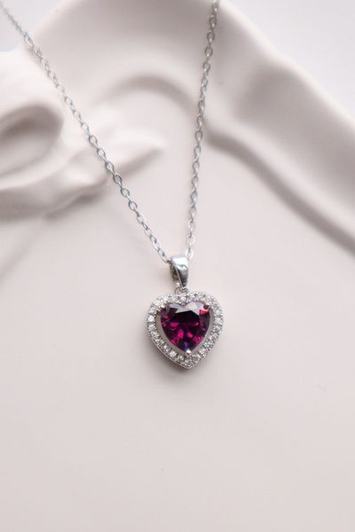 EFBUTİK Stainless Steel Silver Color Stone Purple Heart Necklace