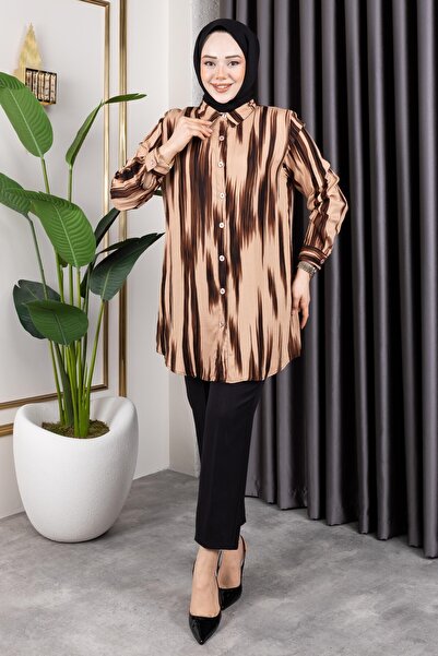 Sfg Life Moda Κομψά μοτίβα υφαντό πουκάμισο-τουνίκ με λεπτομέρεια με κουμπί στο μπροστινό μέρος, κατάλληλο για γυναικεία ρούχα Hijab και αθλητικά ρούχα