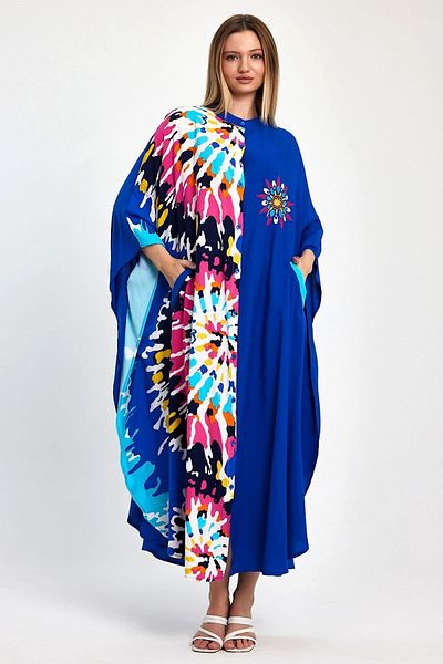 Keyifli Moda Saks Blue Embroidered Patterned - Oversize Women's Dress with Pockets