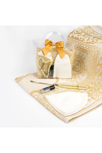 Hayrat Neşriyat Prayer Rug + Rosary + Skullcap + Essence Gift Set (Acetate Box with Bag, Gold)