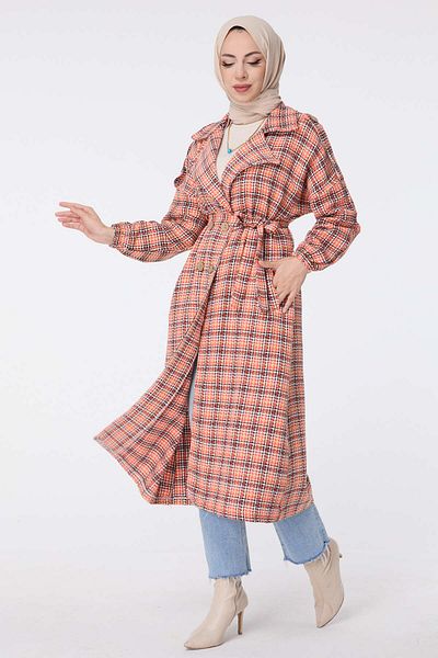 TOFİSA Orange Straight Jacket Collar Women's Trench - 13025