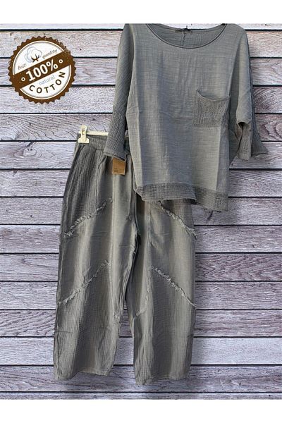AGORATEKSTİL Women's Pockets Mesh Tasseled Linen Combination