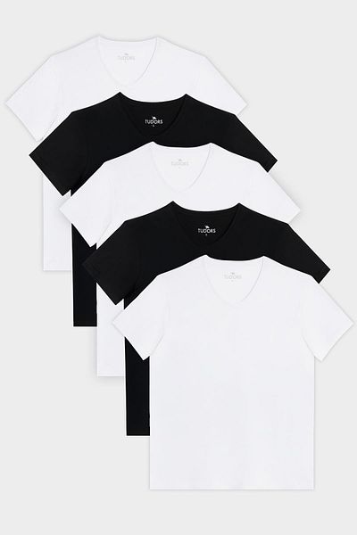 Tudors Unisex 5 Πακέτο Μαύρο-Λευκό T-Shirt Slim Fit 100% βαμβακερό με λαιμόκοψη