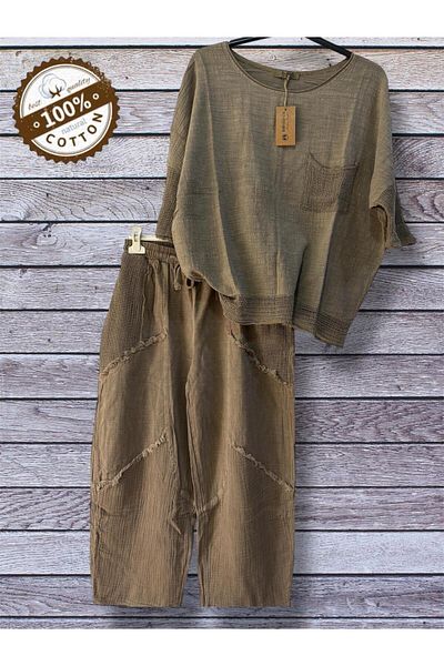 AGORATEKSTİL Women's Pockets Mesh Tasseled Linen Combination