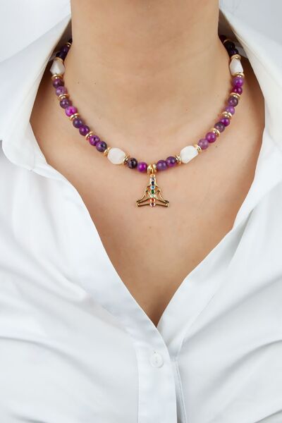 Liveyn Design Lotus Figürlü Ay Taşı ve Ametis Doğaltaş Kolye