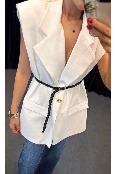 My Blog White Padded Knitted Belted Linen Vest - 7513