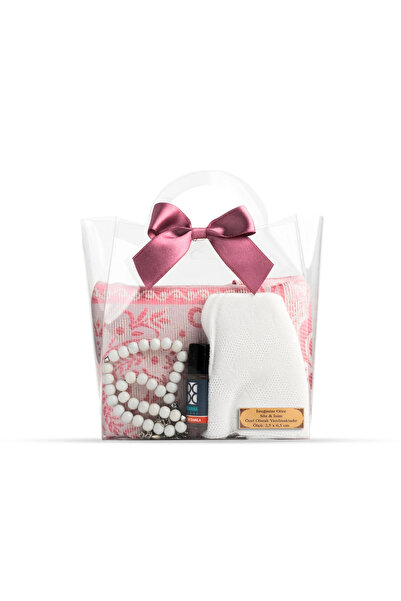 Hayrat Neşriyat Prayer Rug + Rosary + Skullcap + Essence Gift Set (Acetate Box with Bag, Claret Red)