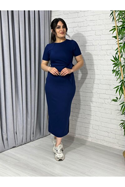 Aysel Boutiquee Μπλε ναυτικό πλαϊνό δεμένο υφασμάτινο φόρεμα A205