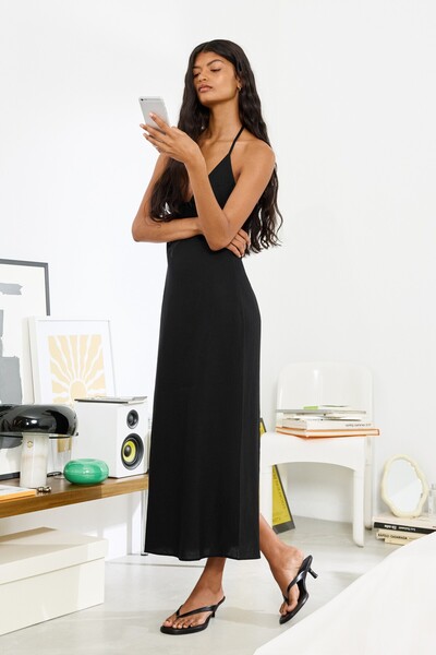 Bershka Linen blend halter midi dress with tie detail