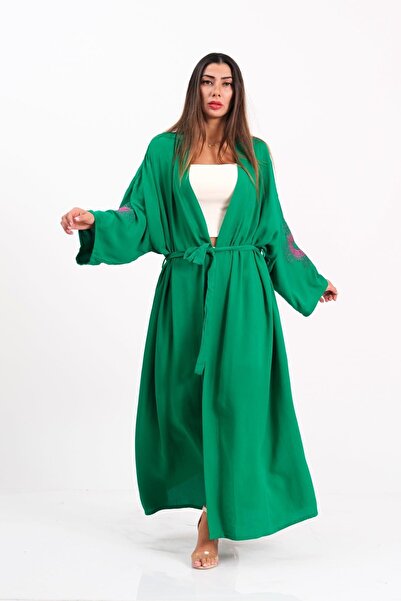 Keyifli Moda Women's Green Back and Sleeves Embroidered Tasseled Long Kimono