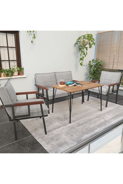 Mygusi Modern Balkon, Bahçe, Cafe - Metal Kanepe Koltuk Takımı - 2 1 1 60x90cm Masalı - Açık Gri