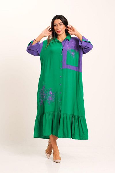 Keyifli Moda Women's Green Purple Garnished Front and Skirt Embroidered Long Shirt Dress with Sleeve Epaulets