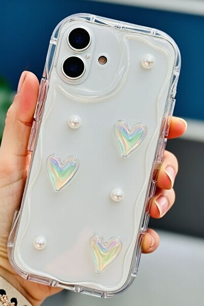 Fibaks Apple iPhone 16 Plus Kılıf 3D Kalpli Ve Inci Tasarımlı Desenli Kamera Korumalı Şeffaf Silikon Kapak