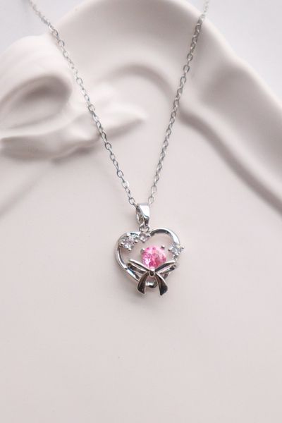 EFBUTİK Stainless Steel Silver Color Pink Stone Bow Detail Necklace