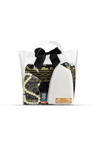 Hayrat Neşriyat Prayer Rug + Rosary + Skullcap + Essence Gift Set (Acetate Box with Bag, Black)