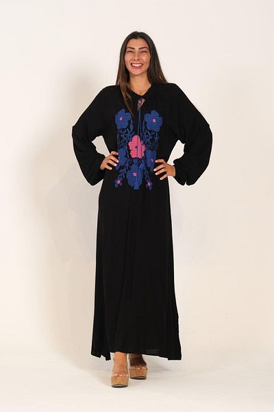 Keyifli Moda Black Floral Embroidered Long Dress for Women - Crew Neck and Balloon Sleeve