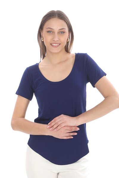 penyebizden Μπλουζάκι με ντραπέ βισκόζης με χαμηλό γιακά-Μπλε ναυτικό