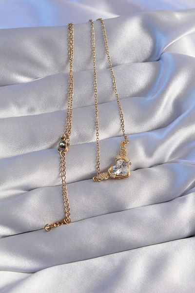 Store 316L Steel Chain Gold Color Zircon Stone Winged Heart Necklace