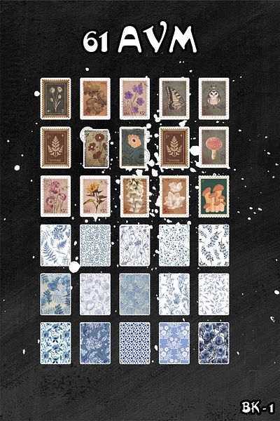 61 AVM Blue Vintage Floral Patterned Stamp Sticker - Planner Agenda Bullet Journal Compatible