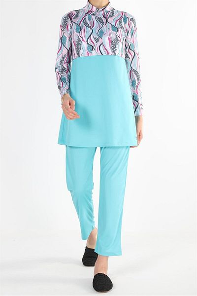 Plistre 2156_patterned Full Covered 3-Piece Hijab Swimsuit
