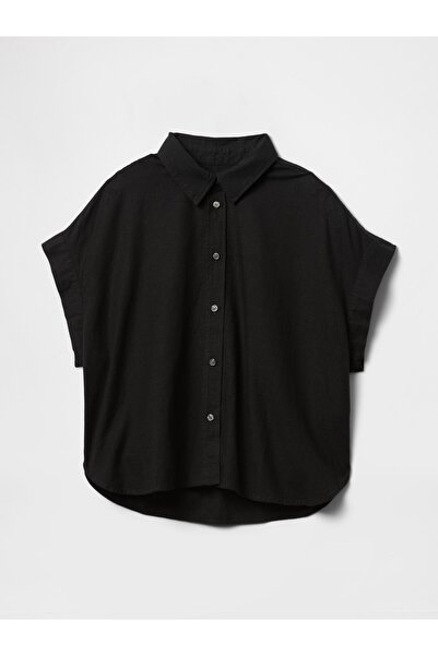GAP Kadın Siyah Keten Karışımlı Crop Gömlek