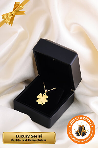 Lucente Jewellery Luxury Serisi Işıklı Hediye Kutulu 925 Ayar Altın Gümüş Kaplama Yonca Şans Kolyesi Kolye