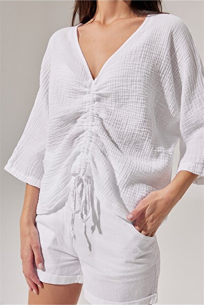White By Nature Double Face Blouse with Gather Detail