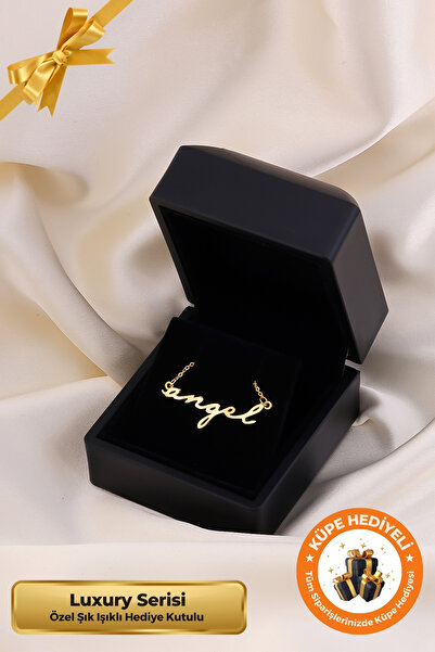 Lucente Jewellery Luxury Serisi Işıklı Hediye Kutulu 925 Ayar Altın Gümüş Kaplama Angel Yazılı Kolye Melek Kolyesi