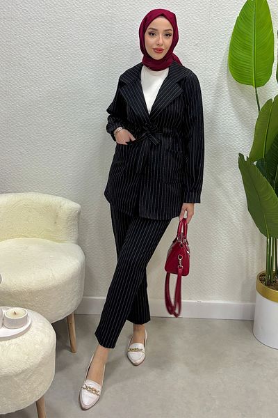 Tesettür Diyarı Women's Striped Polyviscon Fabric Jacket and Trousers Suit-Black