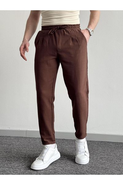 He Brand Ανδρικό καφέ Boyfriend Λινό Παντελόνι Διπλό