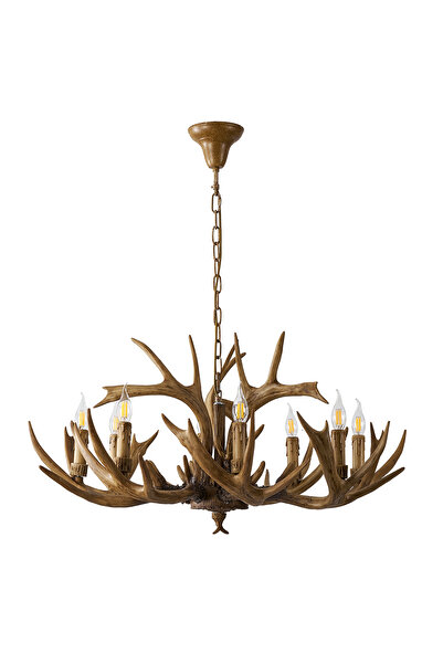 Apliqa Zoye Ahşap 8'li Geyik Boynuzu Desenli Modern Kafe Restoran. Salon Avize