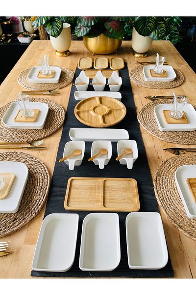 CASA DE BELLA Porcelain Bamboo 41 Piece Square Serving Plate Breakfast Set for 6 People