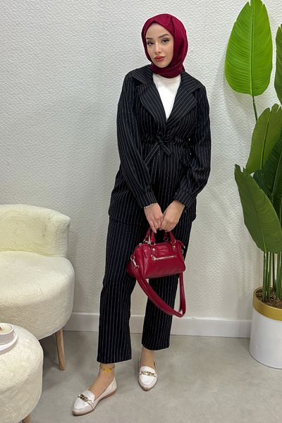 Tesettür Diyarı Women's Striped Polyviscon Fabric Jacket and Trousers Suit-Black
