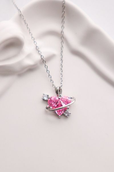 EFBUTİK Stainless Steel Silver Color Pink Saturn Heart Necklace