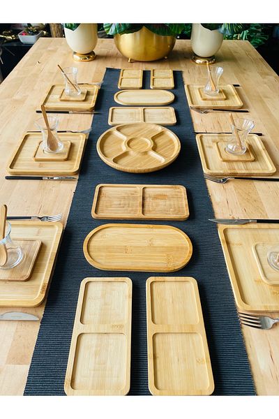 CASA DE BELLA Bamboo 33 Piece Square Serving Plate Breakfast Set for 6 People
