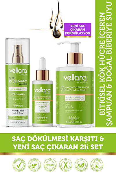 Vellara Saç Dökülmesi Karşıtı Şampuan, Saç Serumu ve Biberiye Suyu 3'lü Set