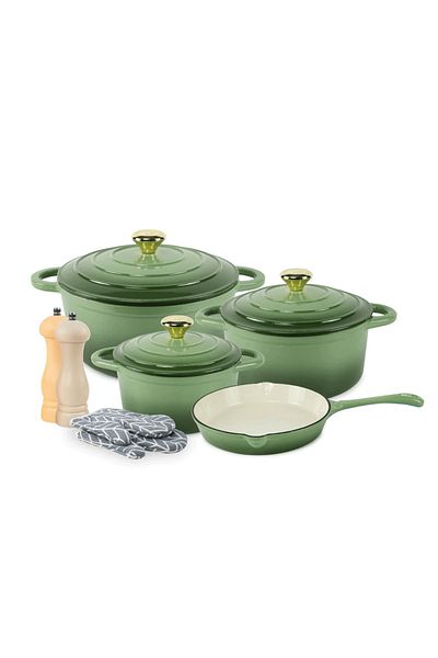 VAV GET 7-Piece Enameled Cast Iron Dutch Oven Set with Lids, Gloves & 2-Piece Spice Mills