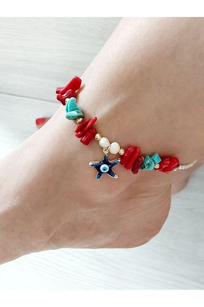 By Song Aksesuar Natural Stone Red Blue Coral Anklet