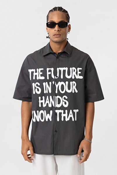 VAMOSCLO Front Printed 100% Cotton Poplin Oversize Shirt Smoked