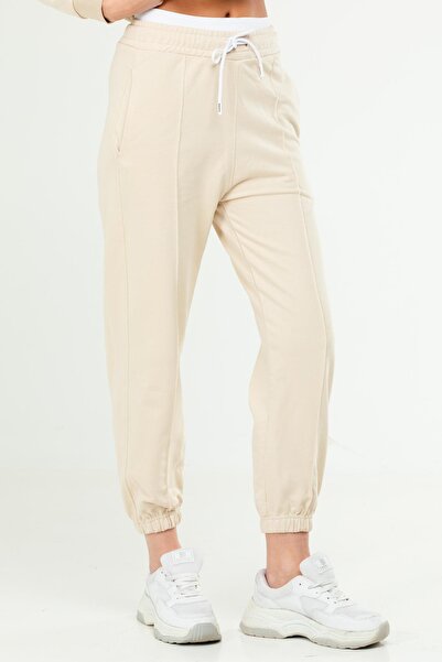 speedlife Beige Oversize Basic Cotton High Waist Rubber Leg Women's Tracksuit Bottom Sd1000