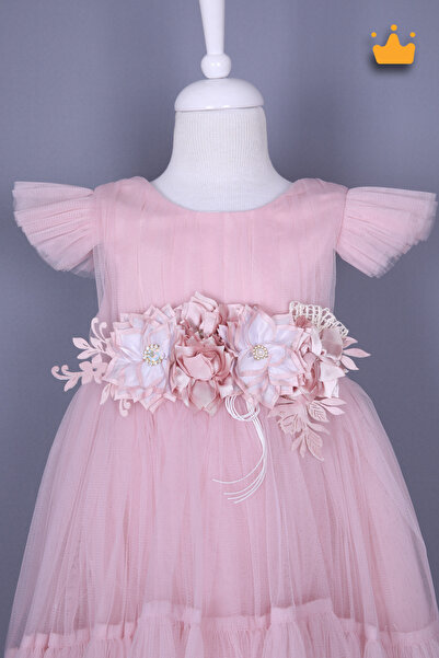 MİNİMONY 2-6 éves, húzózsinóros tüll részletes kőhímzés virágos lány gyerek estélyi ruha ünnepi esküvői ruha púder 6505
