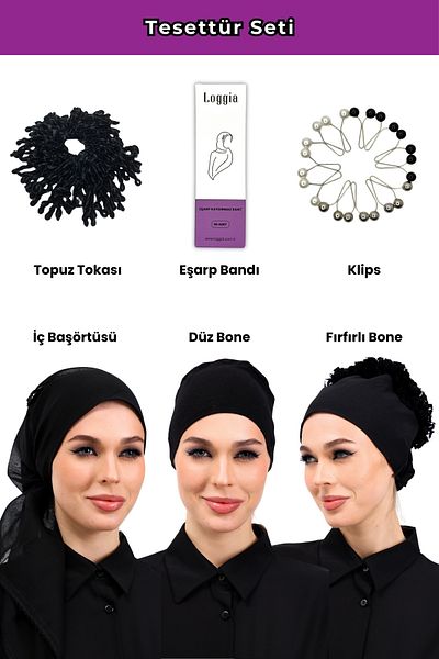 Loggia 6-Piece Black Hijab Set - Bun Buckle, Scarf Headband, Clip, Inner Hijab, Plain Bonnet, Ruffled Bonnet