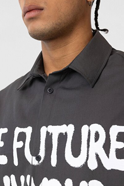 VAMOSCLO Front Printed 100% Cotton Poplin Oversize Shirt Smoked