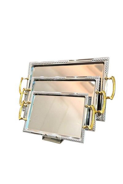 aljahwari 3-Piece Silver Serving Tray Set with Gold Handle