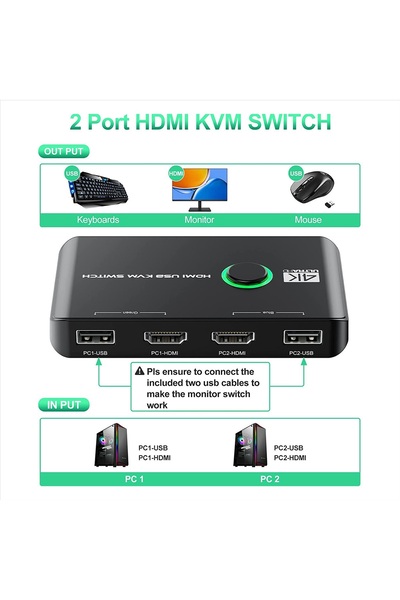 Genel Markalar 4642 4K Hdmi Kvm Switch 2 Port Usb 2 PC Tek Kasa Klavye Mouse Kontrol Çoklayıcı