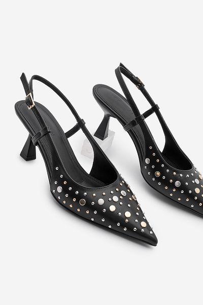 Marjin Damen-Stiletto-Champion-Schuhe – schwarze, mit Nieten besetzte Trock-Schuhe mit langem Calafate-Flügelabsatz
