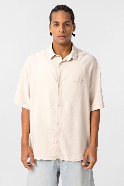 VAMOSCLO Бежева сорочка оверсайз з принтом на спині