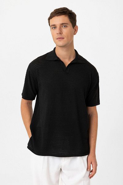 Antioch Black Polo Neck Textured Men's Knitwear T-Shirt