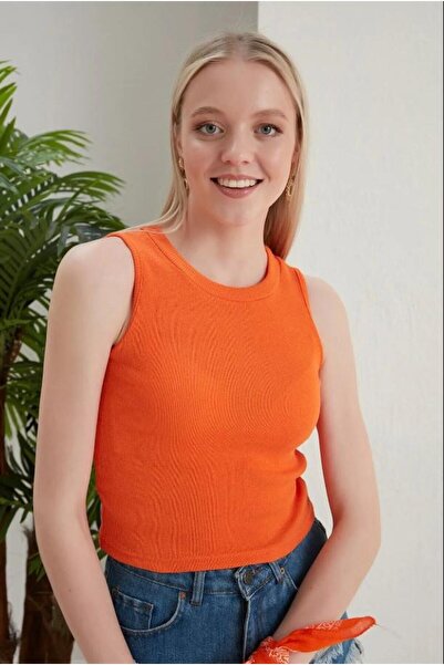 Giyimodam Camisole de damă cu gât cu șarmuire, crop portocaliu